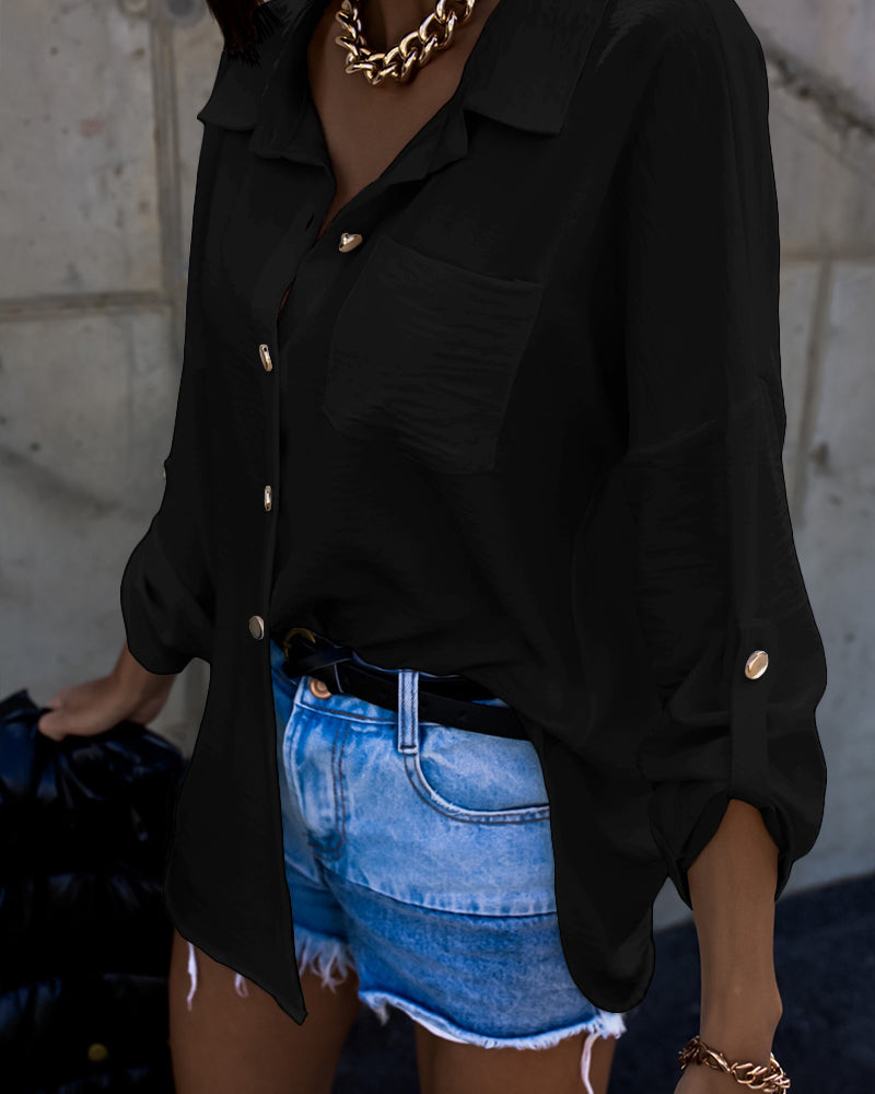 Metal Chain Decor Turn-down Collar Turn-Up Sleeves Front Button Shirt Casual Backless Asymmetrical Hem Top