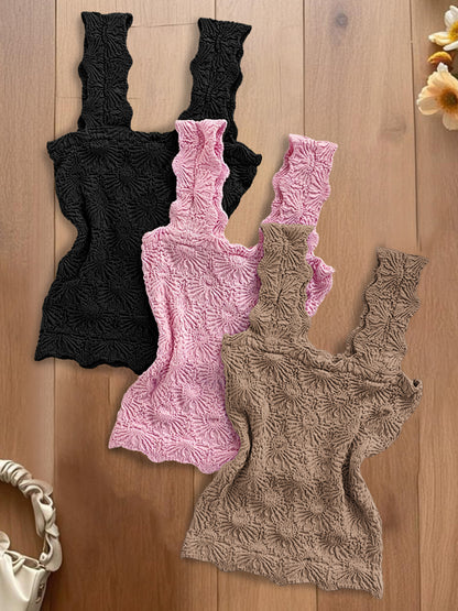 3-Pack Wide Strap Tank Tops Lettuce Trim Cami Tops with Floral Jacquard
