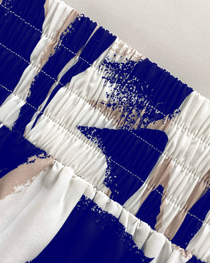 2 Pieces Outfit Wrap Plunge V Neck Crop Blouse and Casual Floral Print Wide Leg Pants Set