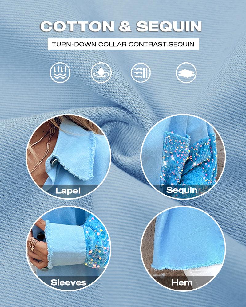 Casual Jacket Sequin Patchwork Long Sleeve Jacket Top Button Front Raw Hem Oversized Denim Shacket