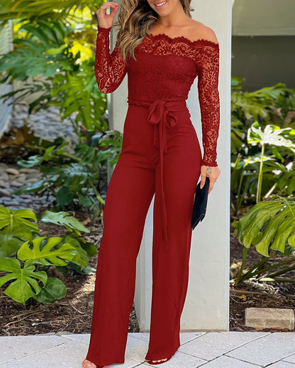 Off Shoulder Long Sleeve Eyelash Lace Spliced Slim Fit Overalls Casual Zipper Back Jumpsuit with Belt