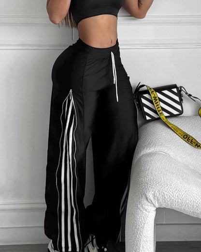 Contrast Side Striped & Zipper Slit Side Drawstring Elastic Waist Trousers Casual Wide Leg Pants