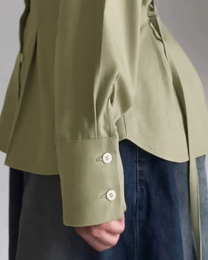 Turn-down Collar Long Sleeve Button Front Blouse Casual Back Criss Cross Tied Detail Fishtail Shirt