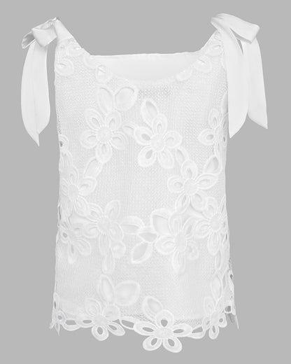 Square Neck Thick Strap Casual Embroidered Lace Tied Detail Tank