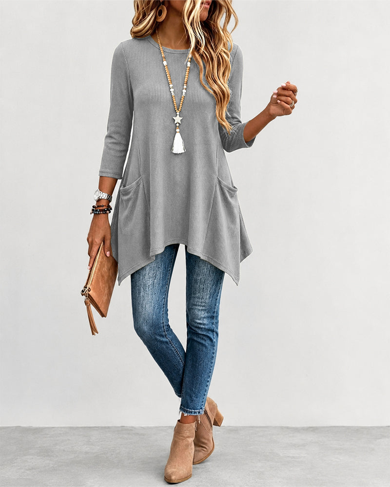 Women's Ribbed Asymmetrical Hem Top Crewneck Three Quarters Sleeve A-Line Casual Top