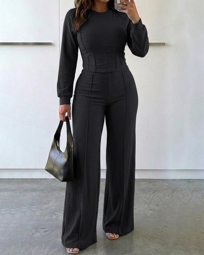 2 Pieces Outfit O-neck Long Sleeve Cinched Waist Sweatshirt and Elastic Waist Wide Leg Pants Set Casual Seam Design Sweatpants Set