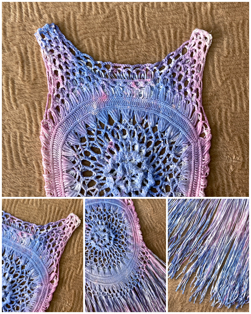 Women's Ombre Crochet Beach Cover Up Sleeveless Hollow Out Tassel Vacation Top