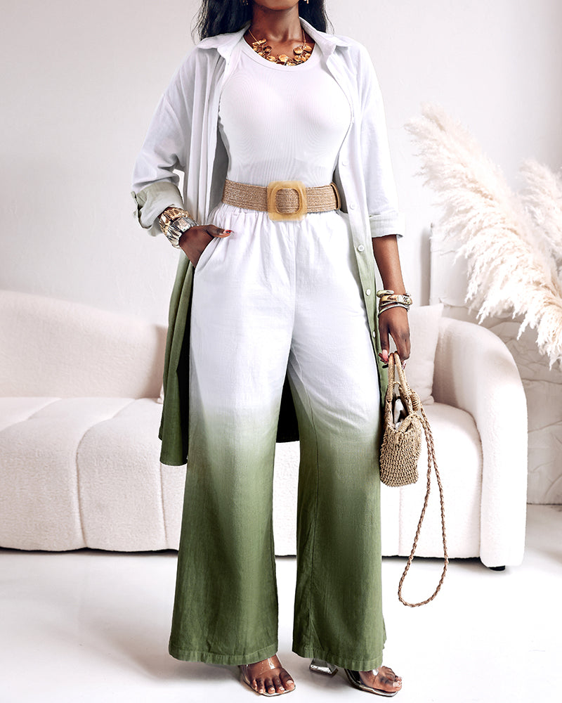 2 Pieces Outfit Ombre Print Long Sleeve Blouse And Casual High Waist Wide Leg Pants Set (Without Belt)