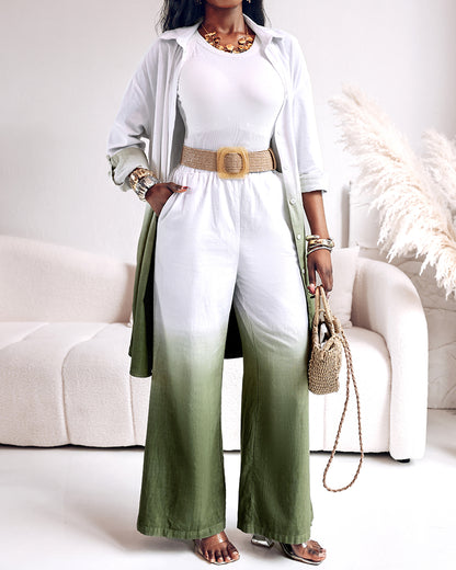 2 Pieces Outfit Ombre Print Long Sleeve Blouse And Casual High Waist Wide Leg Pants Set (Without Belt)