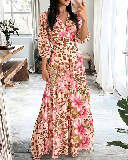 Women's Leopard Floral Print Dress V Neck Three Quarters Sleeve Ruffle Hem Dress Shirred Back A-Line Maxi Vacation Dress