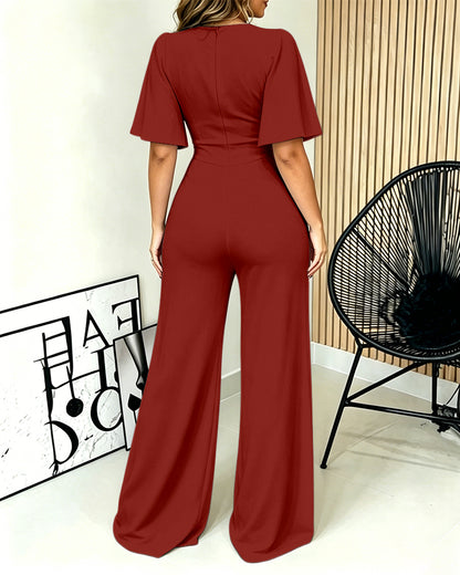 Women's Elegant Wide-Leg Jumpsuit Butterfly Sleeve Romper Gold Detail High Waist Overalls with Pockets