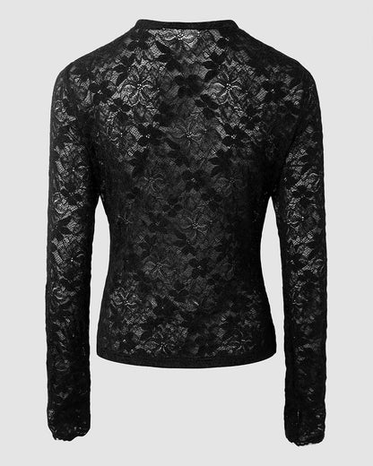 Women's Floral Sheer Lace Long Sleeve Top Crewneck Slim Fit Tee with Thumb Holes