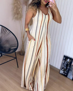 Women's V Neck Bow Tie Shoulder Striped Jumpsuit Casual Loose Wide Leg Overalls with Pockets
