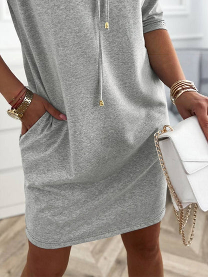 Stand Collar Drawstring Three Quarters Sleeve Casual Sweatshirt Dress