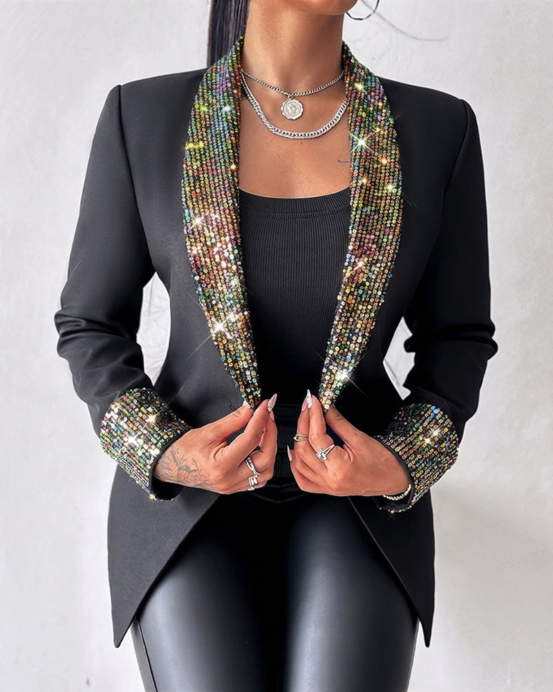 Women's Sequin Shawl Collar Long Sleeve Single Breasted Blazer