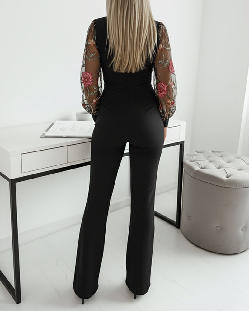 Floral Embroidered Lantern Sleeve Jumpsuit Plunge V Neck Sheer Mesh Patch Waist Flared Romper