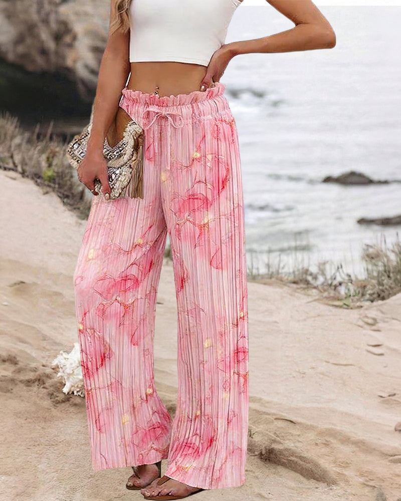 Women's Tie Dye Print Pleated Wide Leg Pants High Waisted Flowy Palazzo Pants Drawstring Lounge Pants with Pockets