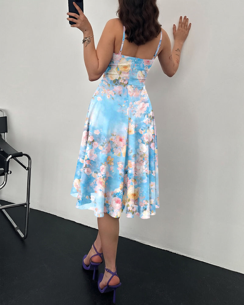 Women's Floral Mesh Midi Dress Casual Spaghetti Straps Party Dress Cowl Neck A-Line Cami Vacation Dress