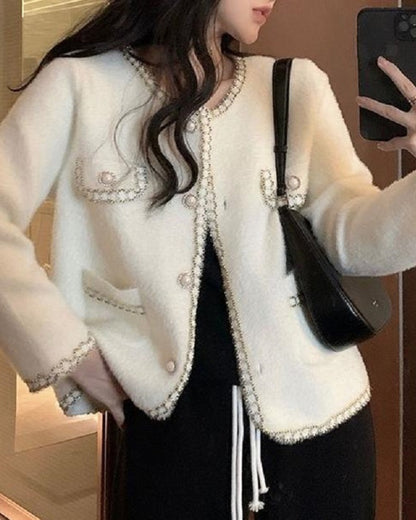 Pearl Button Front Contrast Trim Fluffy Cardigan Elegant Flap Detail Coat