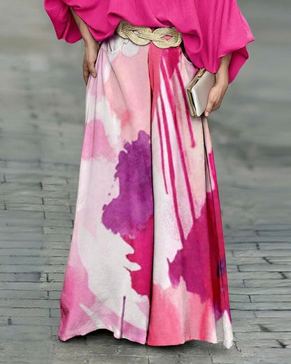 2 Pieces Outfit Skew Neck Batwing Sleeve Stretchy Hem Top and Casual Watercolor Ink Splash Print Zipper Fly Elastic Back Waist Wide Leg Pants Set without Belt