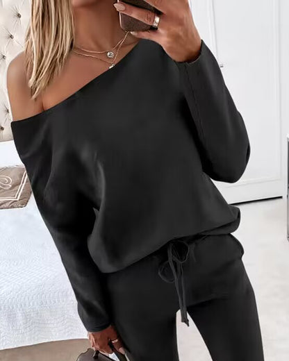 2 Pieces Outfit Long Sleeve Skew Neck Pullover Top And Drawstring Elastic Waist Slim Fit Pants Set