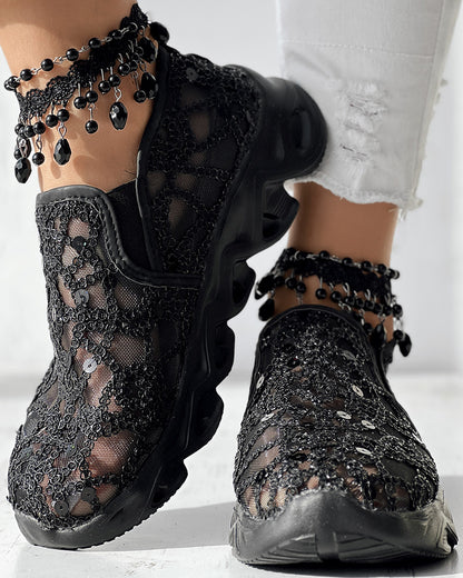 Contrast Sequin Sheer Mesh Patch Breathable Sneakers