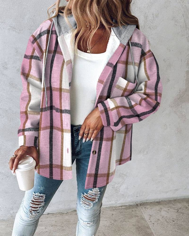 Plaid Print Long Sleeve Button Front Drawstring Hoodie Coat Casual Pocket Design Thermal Lined Shirt Coat