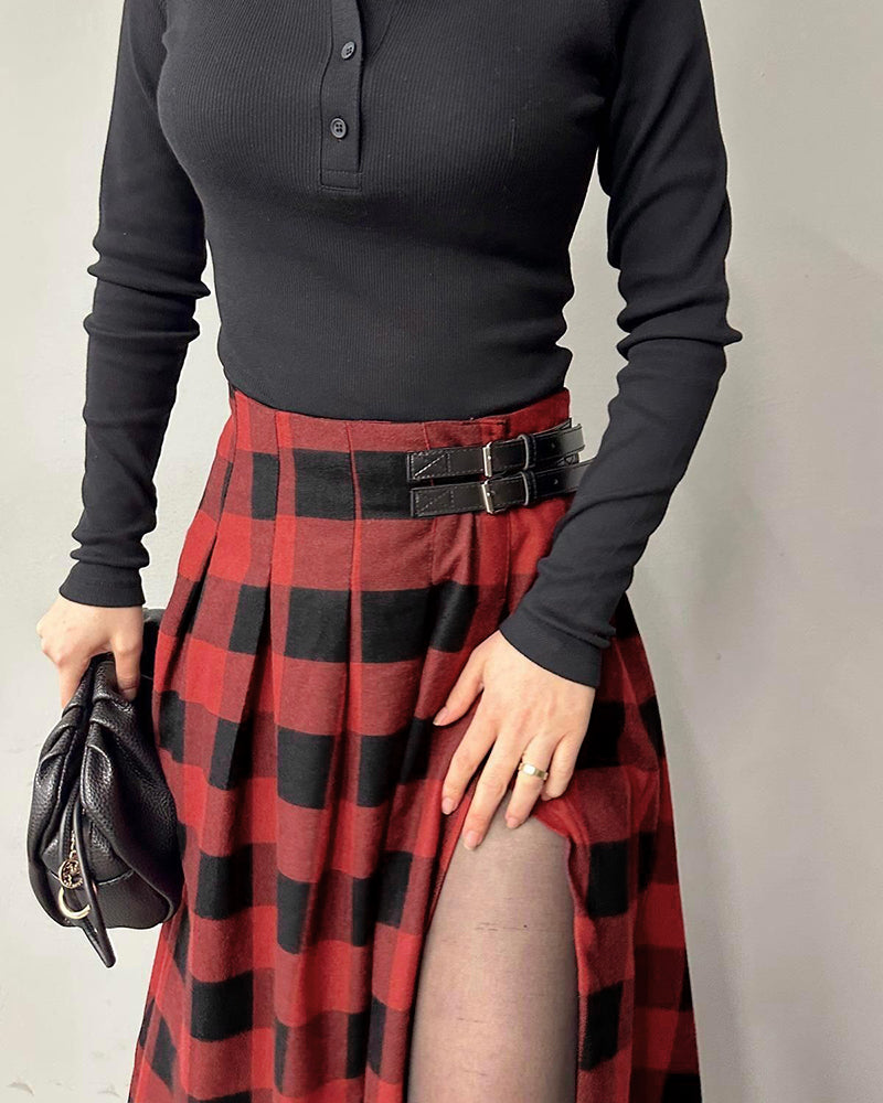 Plaid Print High Waist Side Slit Mid-length Skirt Casual Double Buckle A Line Pleated Skirt