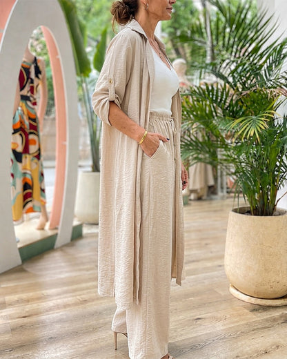 Women's Textured Two Piece Outfit Long Sleeve Button Down Longline Shirt and Wide Leg Pants Set Casual Matching Set