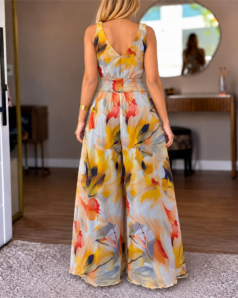Women's V-Neck Floral Print Mesh Wide Leg Jumpsuit Stretchy Straps Shirred Waist Overalls