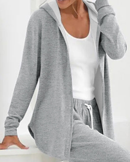 2 Piece Open Front Long Sleeve Hooded Top Drawstring Cuffed Pants Lounge Outfit Tracksuit Set