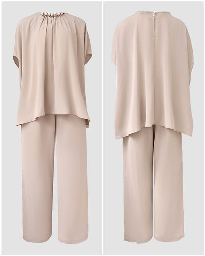 2 Pieces Outfit Elegant Pearl Embellished Split Sleeve Top and Casual Wide Leg Pants Set