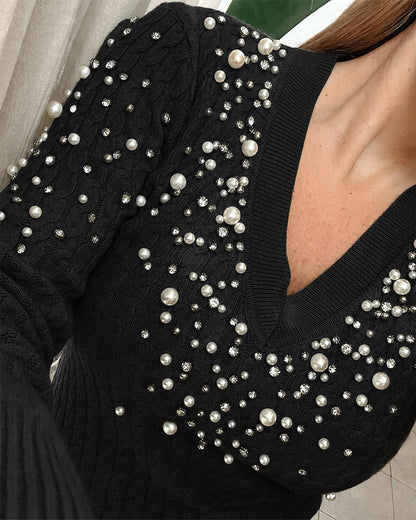 Rhinestone & Pearls Decor V-Neck Cable Textured Knit Sweater