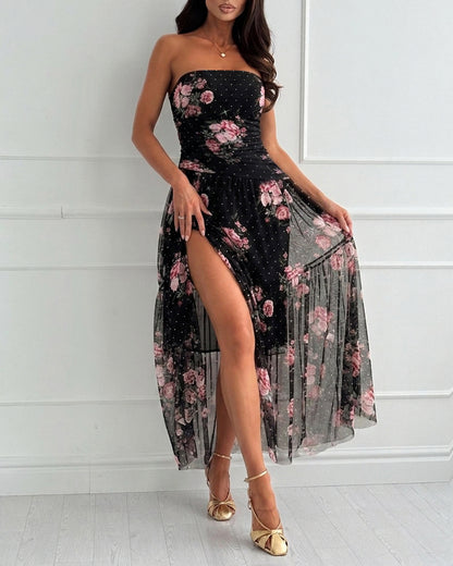 Women's Floral Strapless Mesh Dress Rhinestone Ruffle Hem Vacation Dress Cocktail Party Dress with Detachable Clear Straps