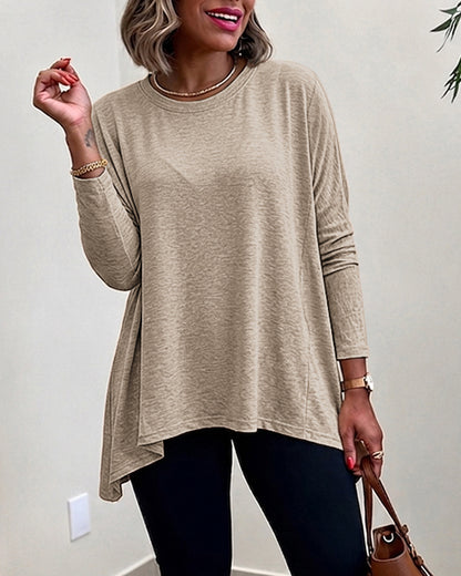 Haut à manches longues avec ourlet asymétrique pour femme, coupe ample, épaules tombantes, col rond, doux, ample, décontracté