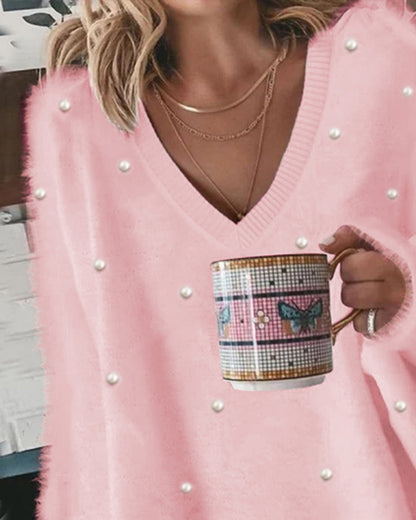 V Neck Long Sleeve Beaded Decor Oversized Sweater Fluffy Pullover Top