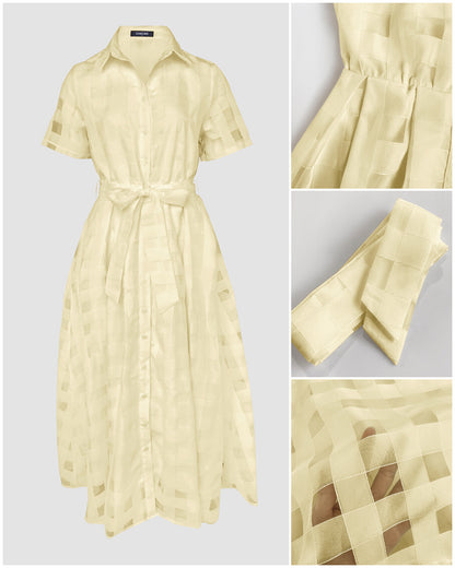 Turn Down Collar Plaid Mesh Double Layered Cinched Waist Maxi Dress Button Down Bow Tie Waist Commuting Dress