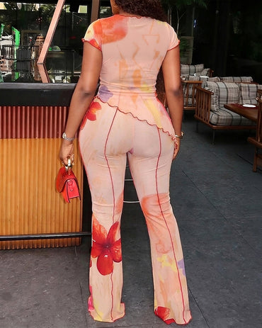 CHICME Women's 2 Piece Mesh Set Artistic Floral Print Short Sleeve Asymmetric Top and High Waisted Flare Pants Set