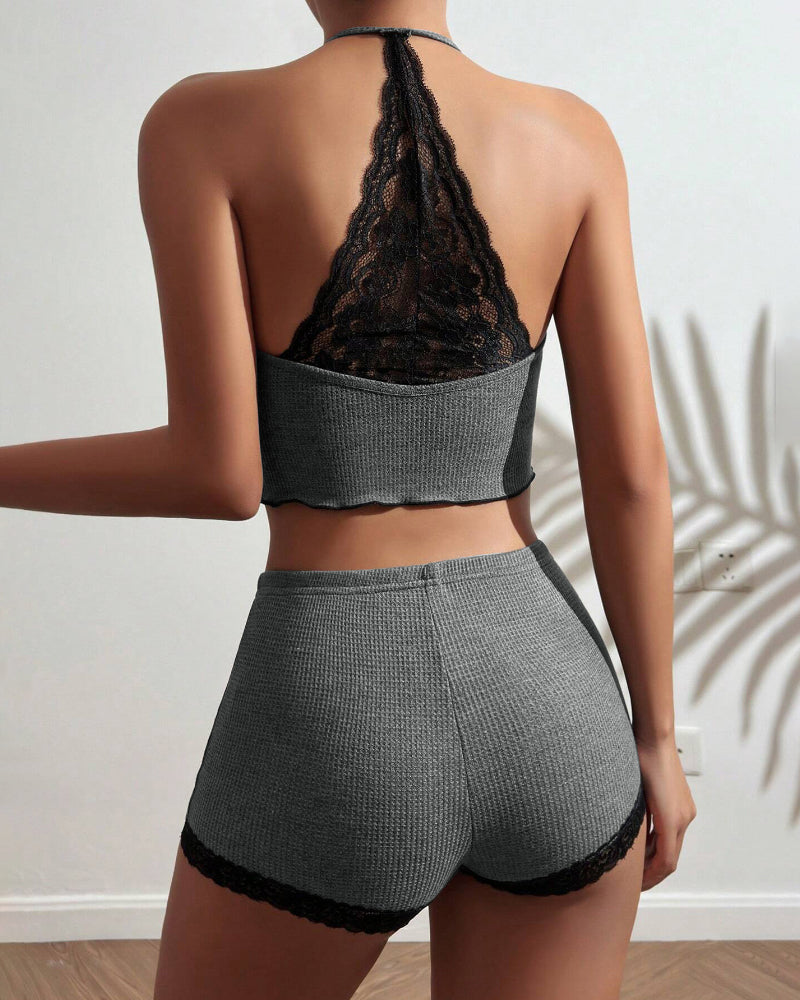 2 Pieces Colorblock Halter Contrast Lace Backless Tank Top & Waffle Knit Casual Shorts Sets