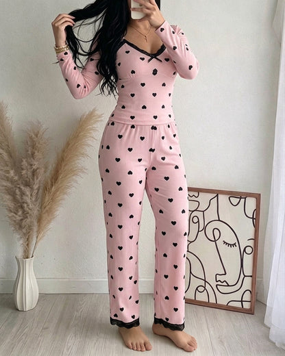 Women's Heart Print Lace Trim Ribbed Loungewear Set Long Sleeve Top and Wide Leg Pants Sweet Pajama Set