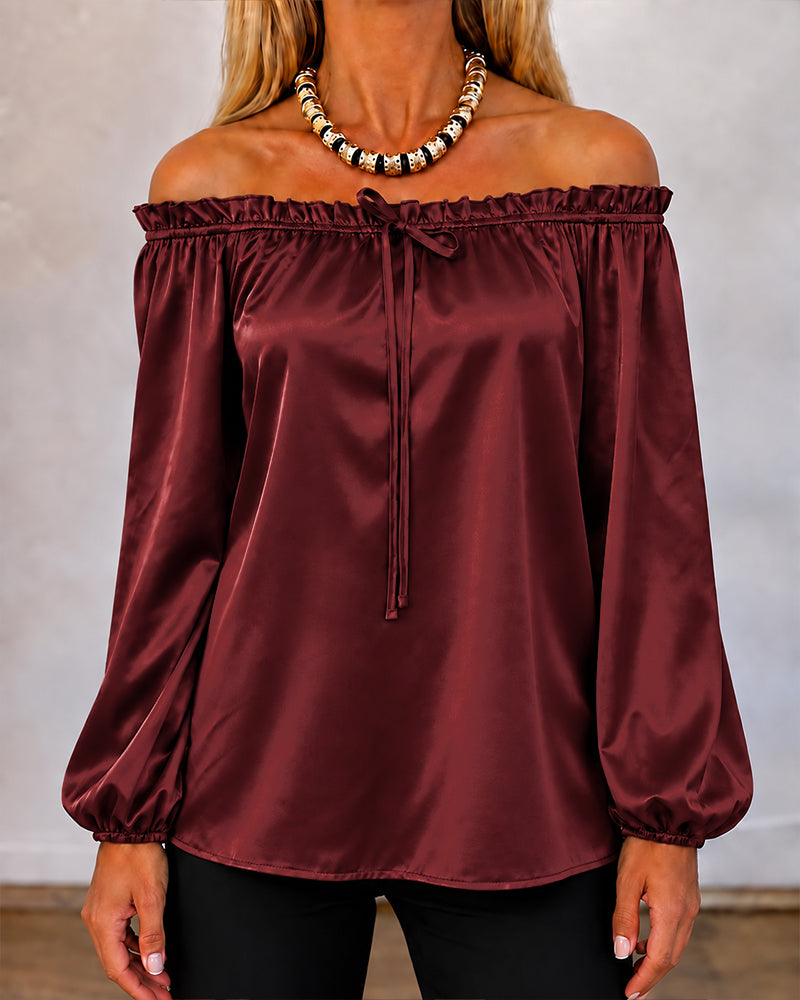 Women's Off Shoulder Satin Frill Trim Tie Front Lantern Sleeve Top