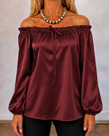 Women's Off Shoulder Satin Frill Trim Tie Front Lantern Sleeve Top
