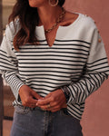 Women's Striped Knit Top Notch Neck Gold Button Drop Shoulder Long Sleeve Sweater