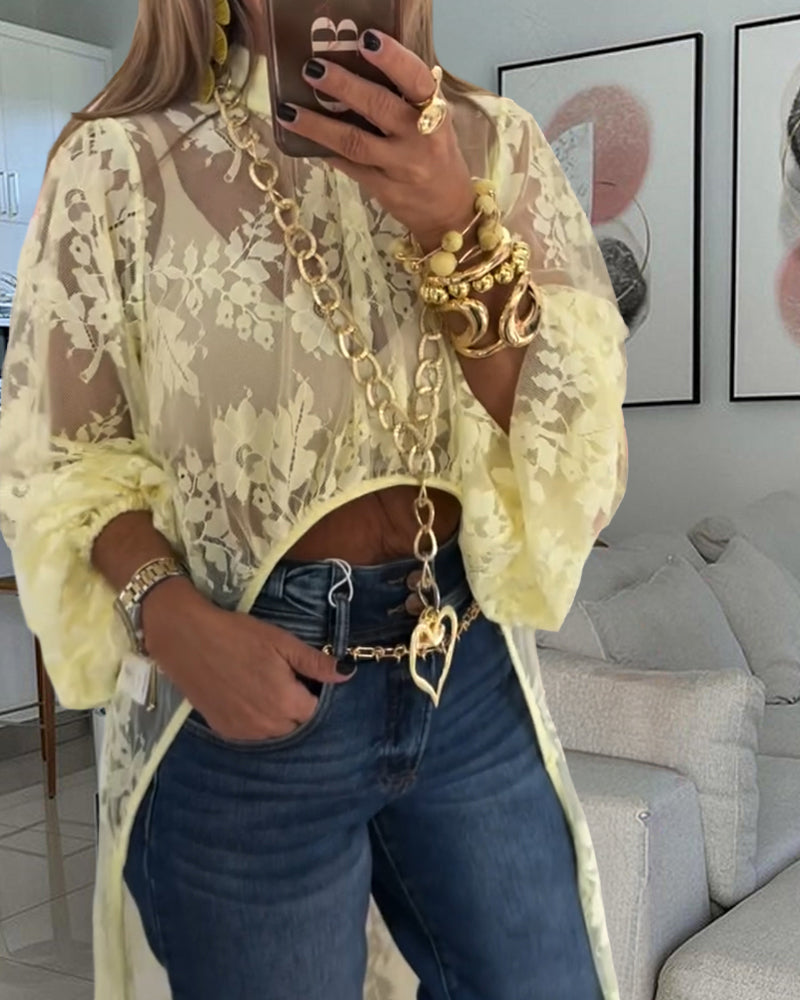 Mock Neck Lantern Sleeve High-Low Hem Floral Lace Sheer Top