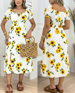 Vestido midi con estampado de girasoles para mujer, vestido veraniego de manga abullonada y cuello con lazo, espalda fruncida, abertura y corte en A, con forro