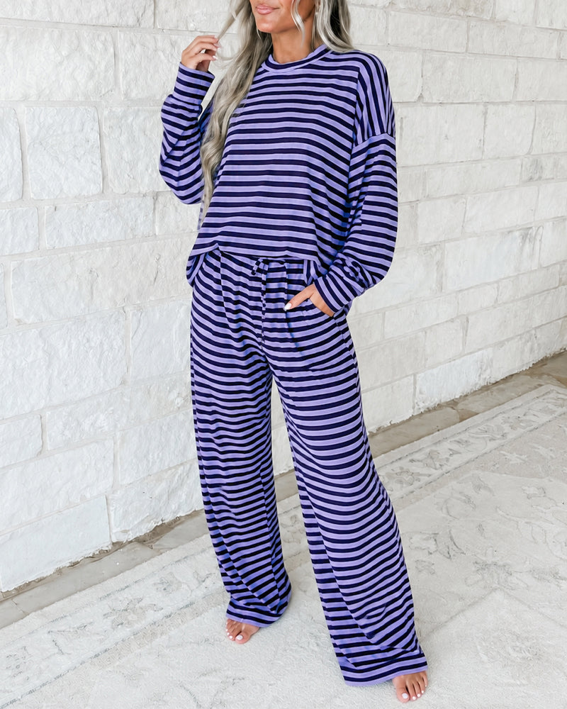 Women's 2 Piece Striped Outfits Long Sleeve Crewneck Top and Wide Leg Pants Set