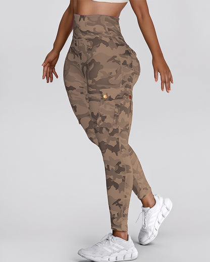 Camouflage Print High Waist Skinny Leggings with Cargo Flap Pockets Casual Pants