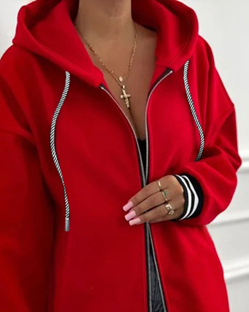 Striped Cuffs Pockets Design Zipper Front Drawstring Hoodie Jacket Casual Drop Shoulder Asymmetrical Hem Mid-length Coat