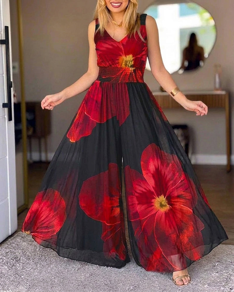 Women's Floral Print Mesh Jumpsuit V Neck Shirred Waist Wide Leg Overalls Backless Sleeveless Jumpsuit with Pockets