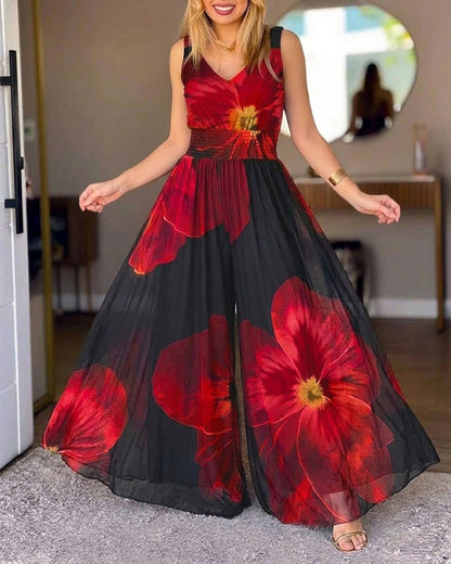 Women's Floral Print Mesh Jumpsuit V Neck Shirred Waist Wide Leg Overalls Backless Sleeveless Jumpsuit with Pockets
